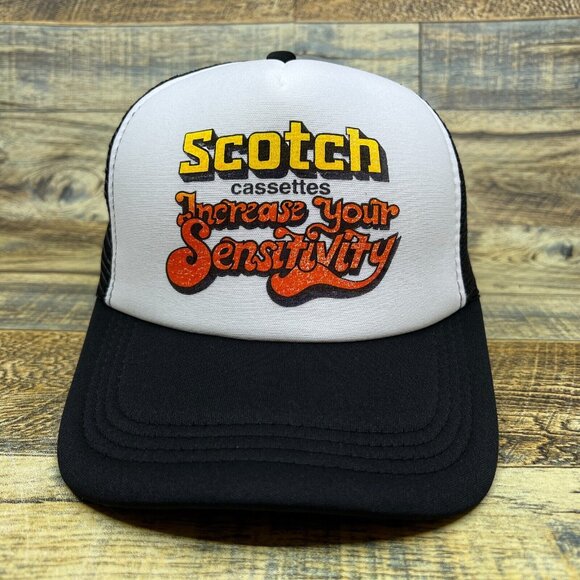 Vintage Inspired Scotch Cassette Unisex Trucker Hat Black Throwback Ad Ball Cap - Picture 1 of 8